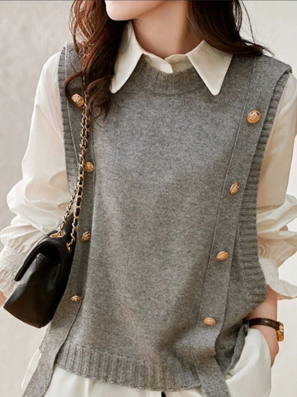 CAbi Grey Button-Accent Knit Sweater Vest